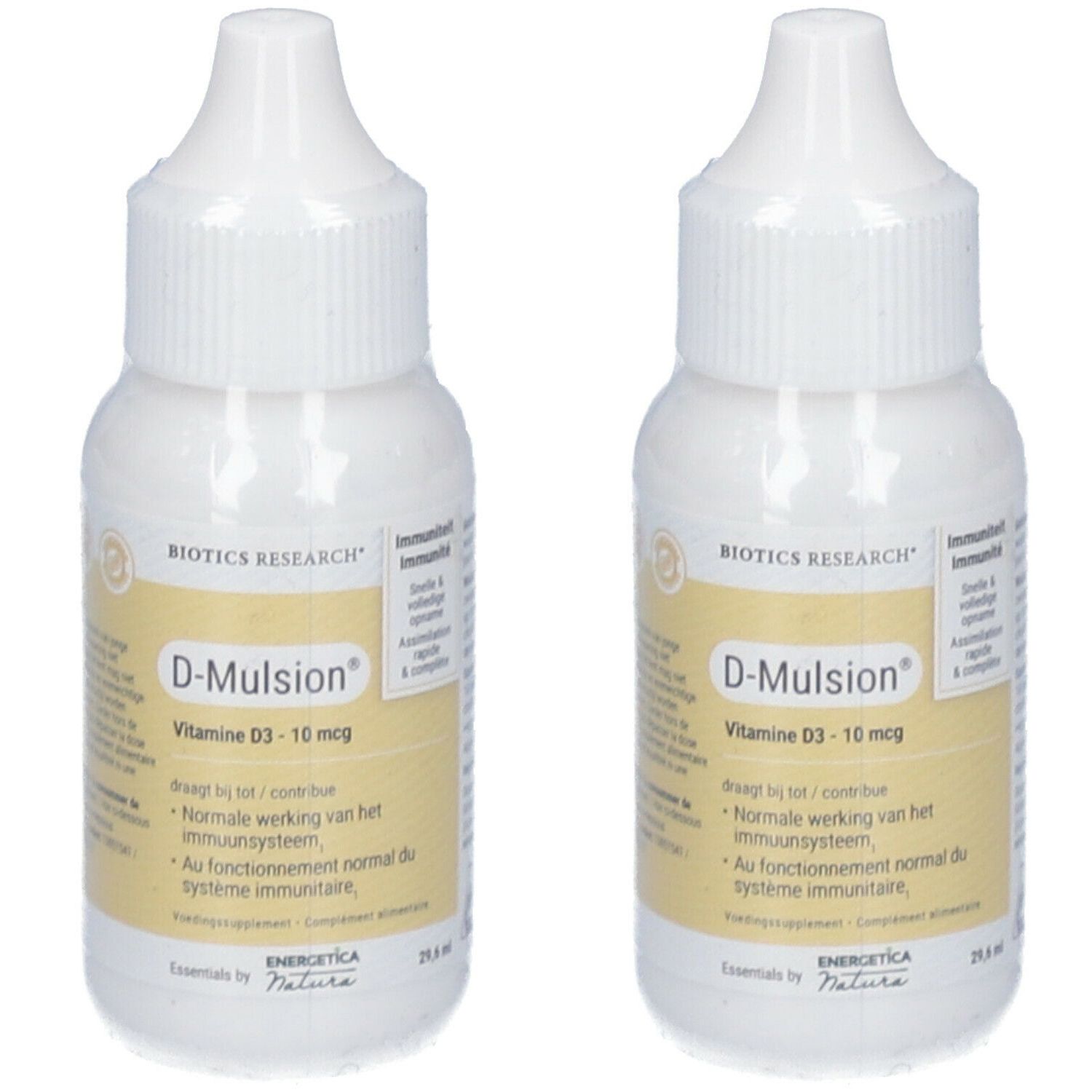 Deux flacons blancs avec bouchon compte-gouttes. Inscription : D-Mulsion, Vitamine D3. Marque : BIOTICS RESEARCH. Texte en néerlandais et français.