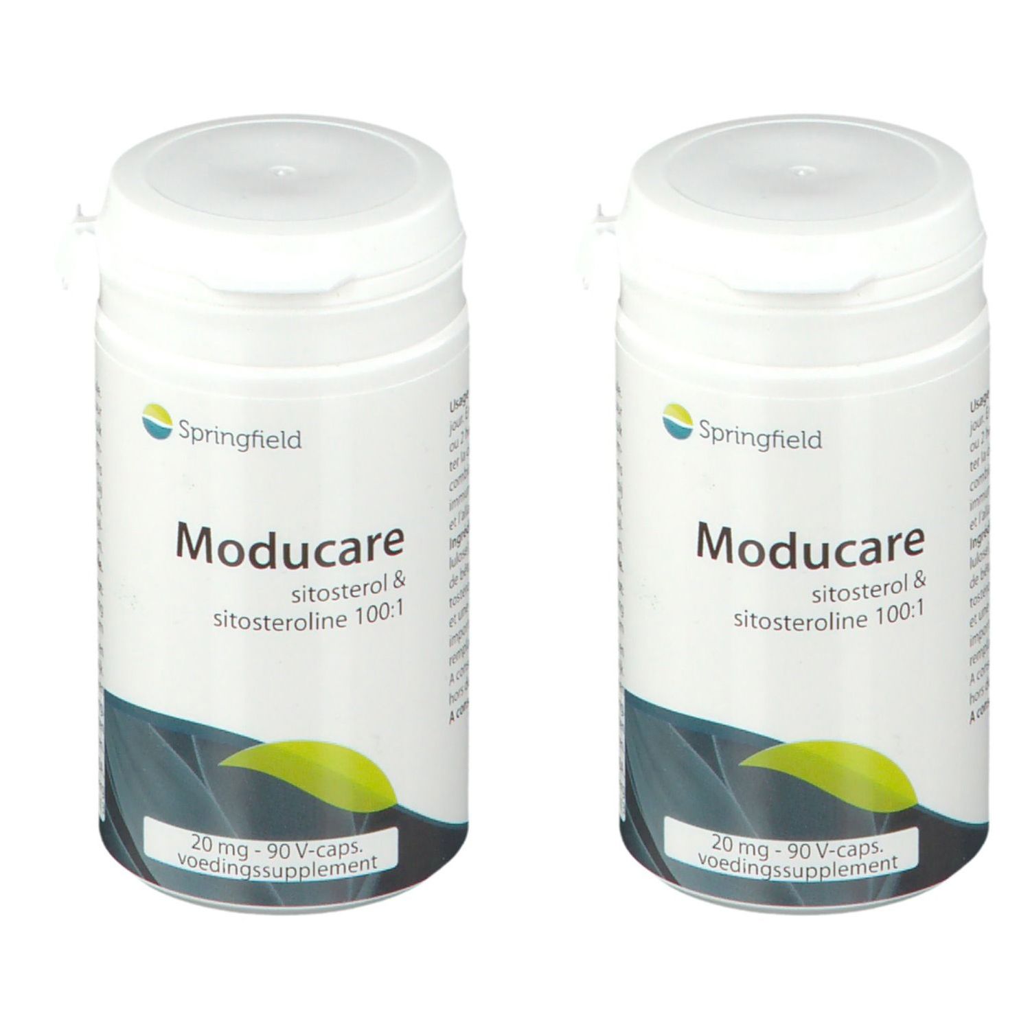 Deux flacons blancs "Moducare". Inscription : Sitostérol & Sitostérol 100:1. Logo vert et texte : 20 mg - 90 V-caps. Marque Springfield.