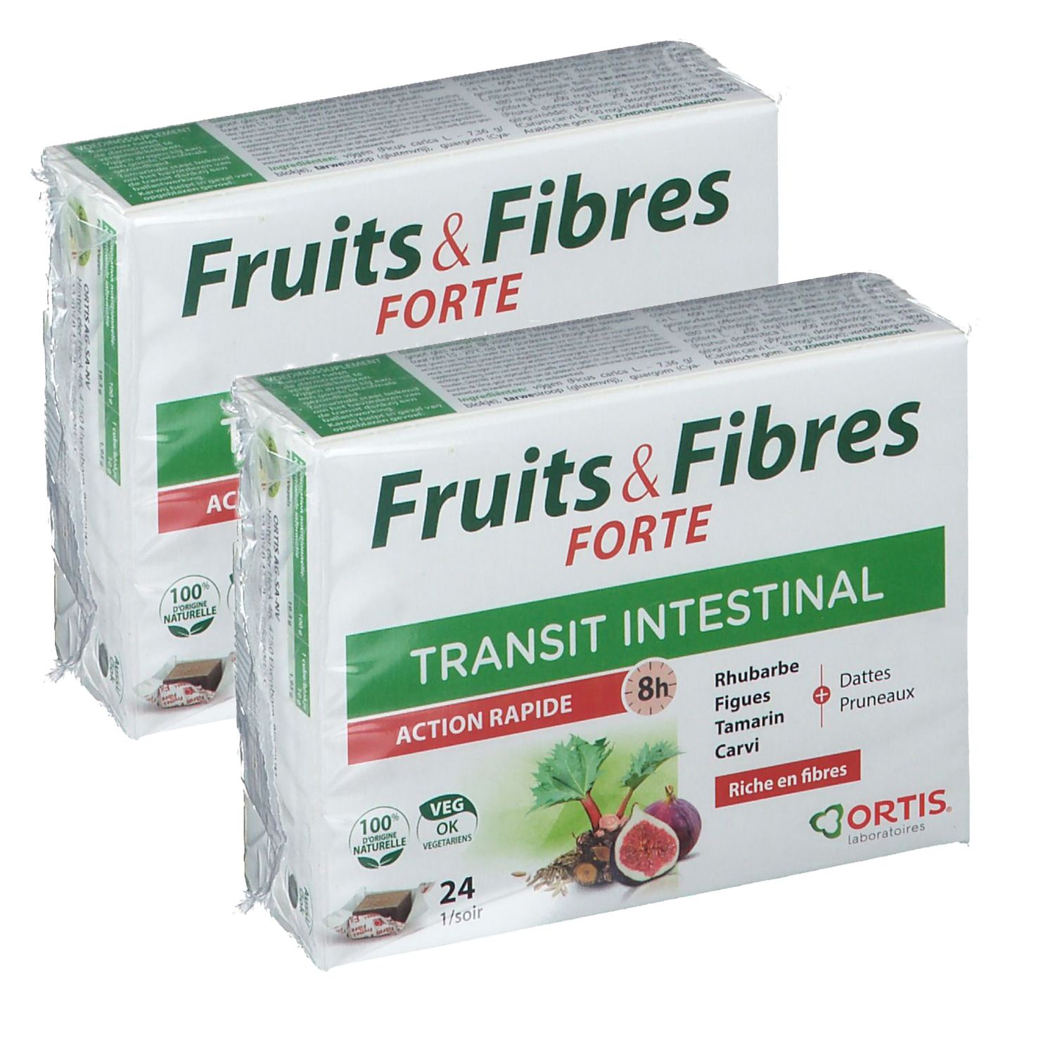 Twee verpakkingen "Fruits & Fibres Forte". Tekst: "Transit intestinal", "Action rapide", 24 stuks. Logo Ortis. Illustratie van fruit.