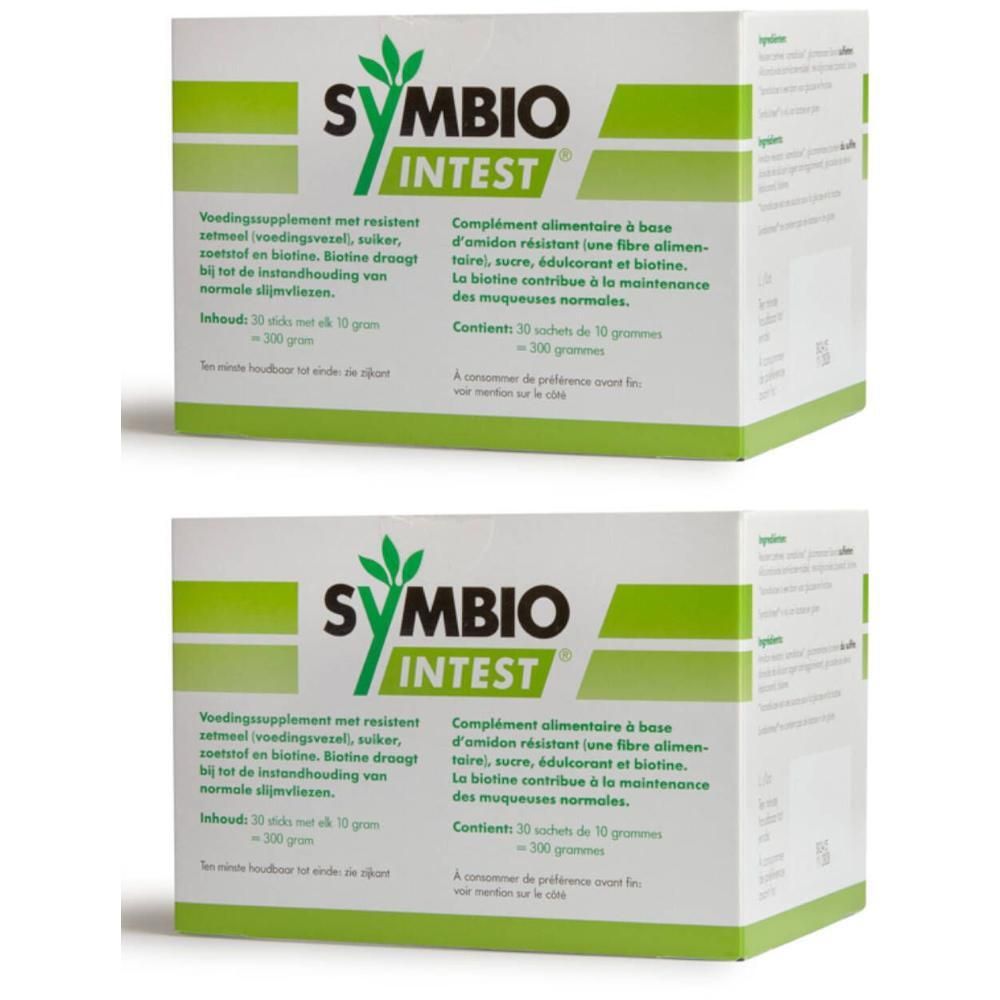 Twee dozen Symbio Intest poeder, wit met groene accenten en logo.