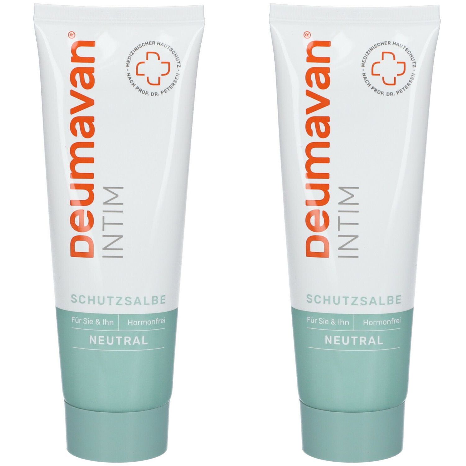 Twee witte tubes. Opschrift: Deumavan INTIM, beschermende crème, Neutraal. Met logo en tekst.