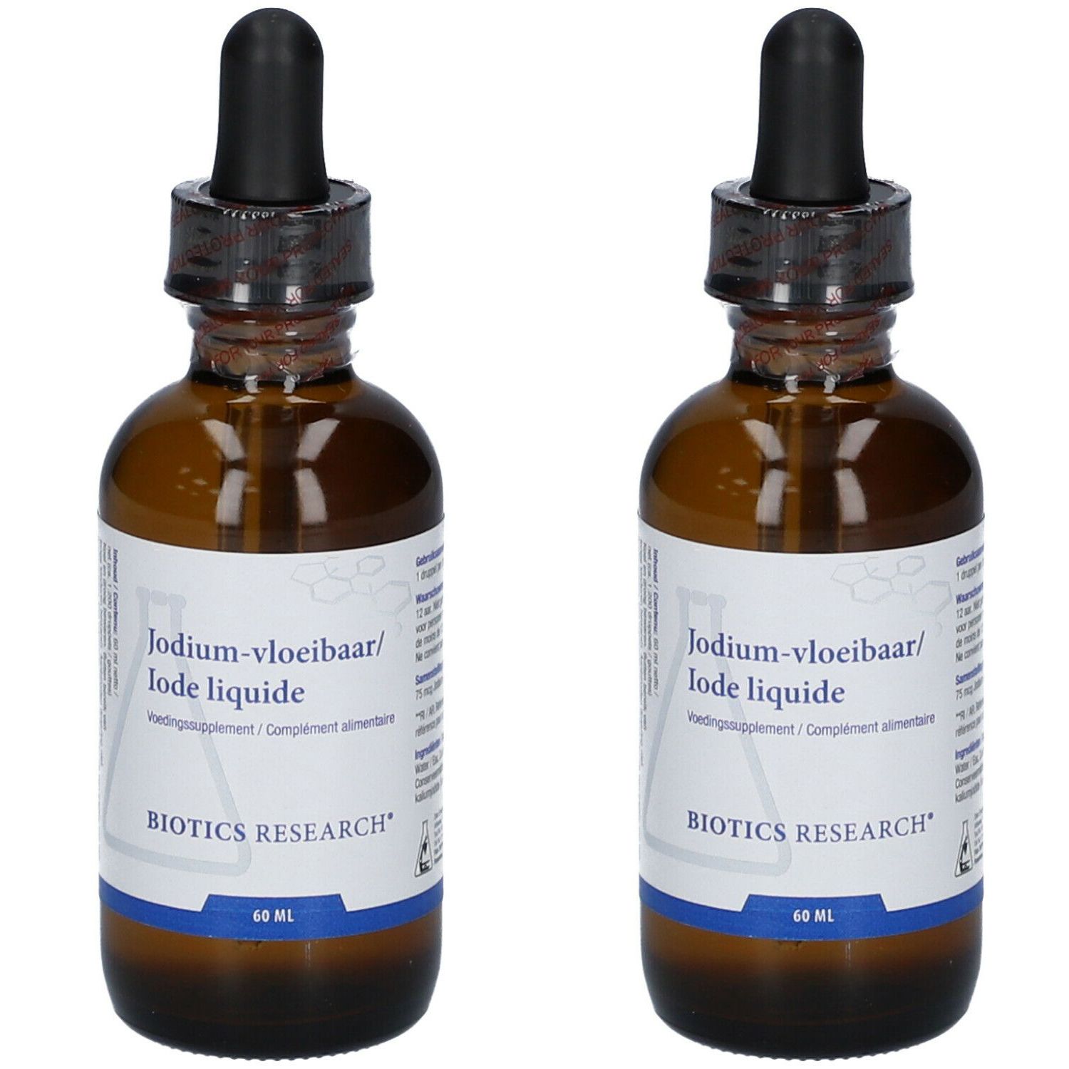 Twee bruine glazen flessen met druppelaar. Labels met "Jodium-vloeibaar/Iode liquide" en "BIOTICS RESEARCH".