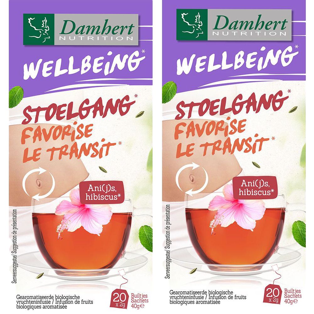 Verpakking van Damhert Tea Time. Opschrift: Wellbeing, Stoelgang, Favorise le transit. Afbeelding: buik met pijlen, kopje thee, hibiscus.