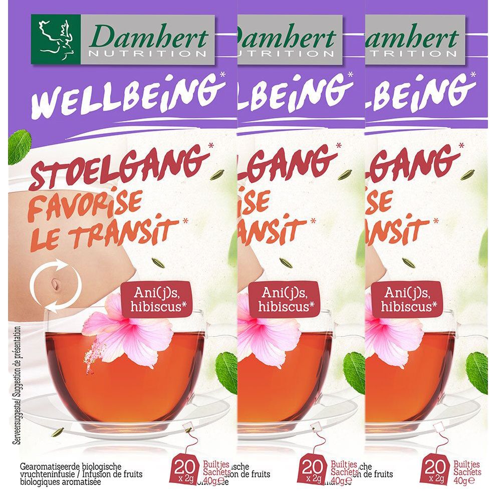 Drie theeverpakkingen. Paarse verpakking met logo en tekst. Afbeelding van een kopje thee met bloem.