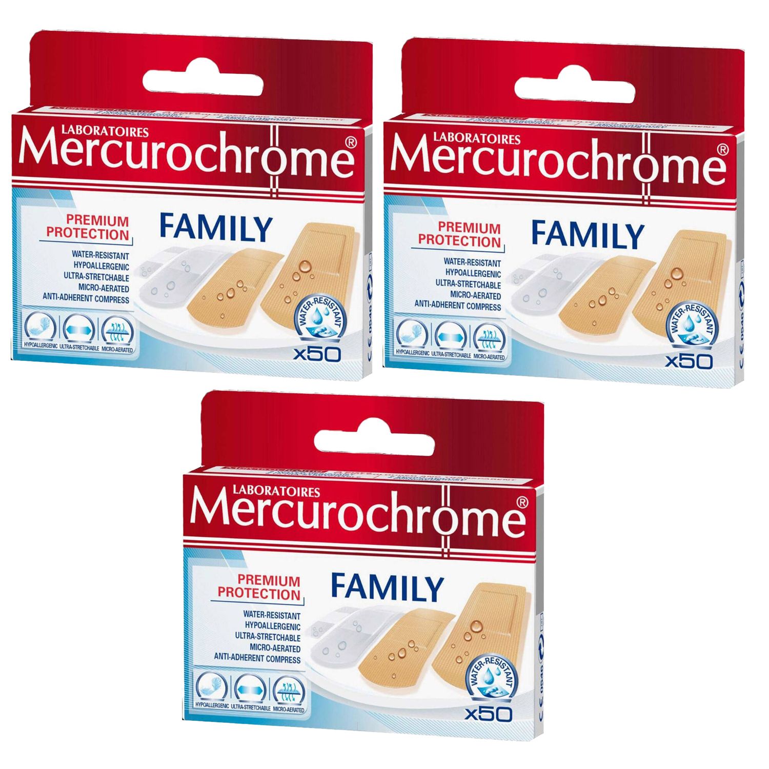 Trois boîtes de pansements Mercurochrome Family. Emballage rouge avec illustration et texte. Résistant à l'eau, hypoallergénique.