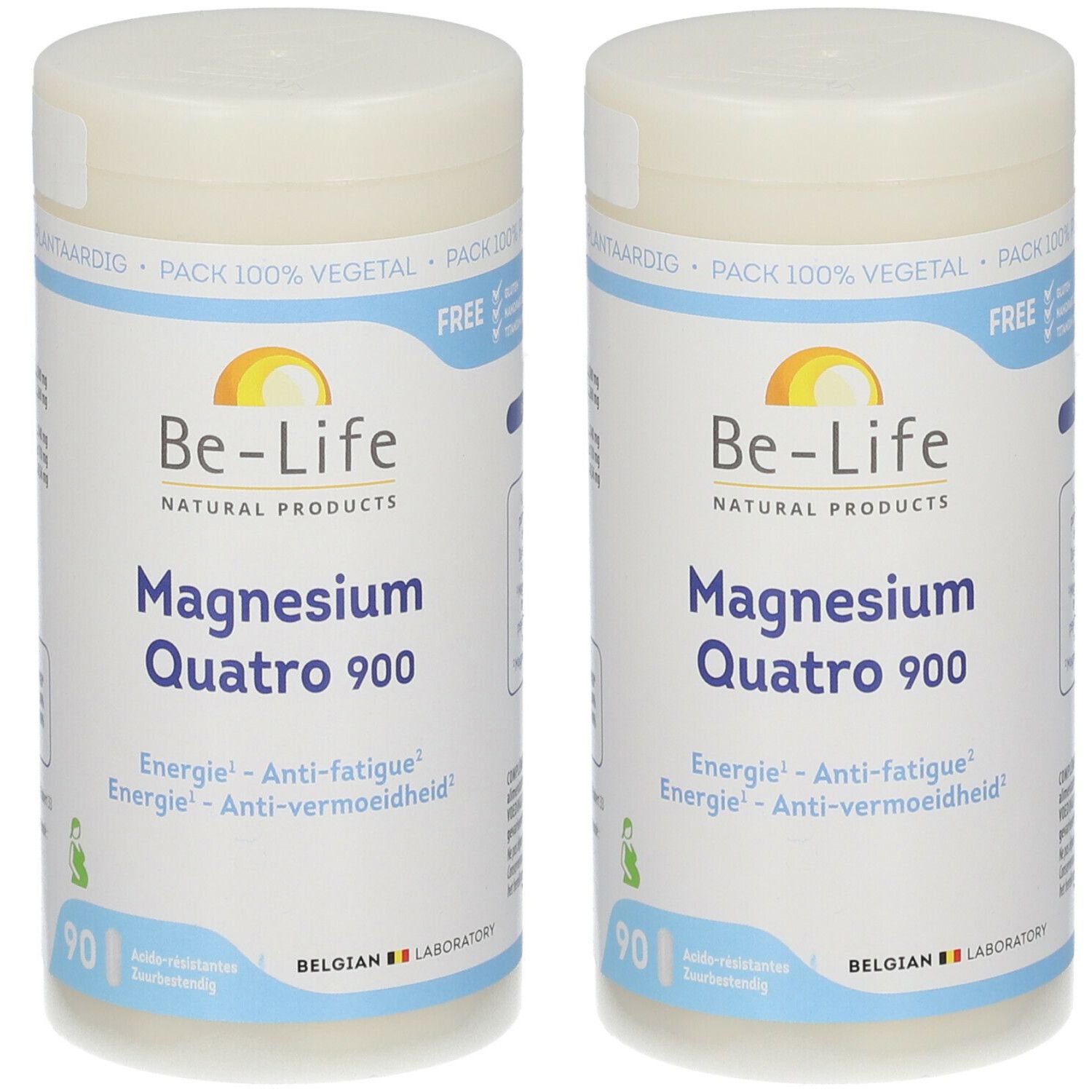 Deux flacons blancs "Be-Life Magnesium Quatro 900". Inscription: Energie, Anti-fatigue. Contient 90 comprimés.