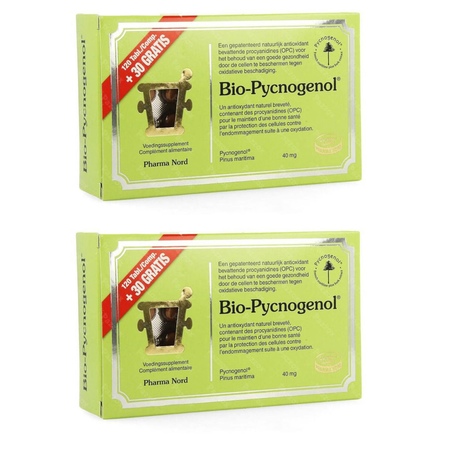 Deux boîtes vertes avec "Bio-Pycnogenol". Inscription : "120 Tabl./Comp. + 30 GRATIS". Pharma Nord.
