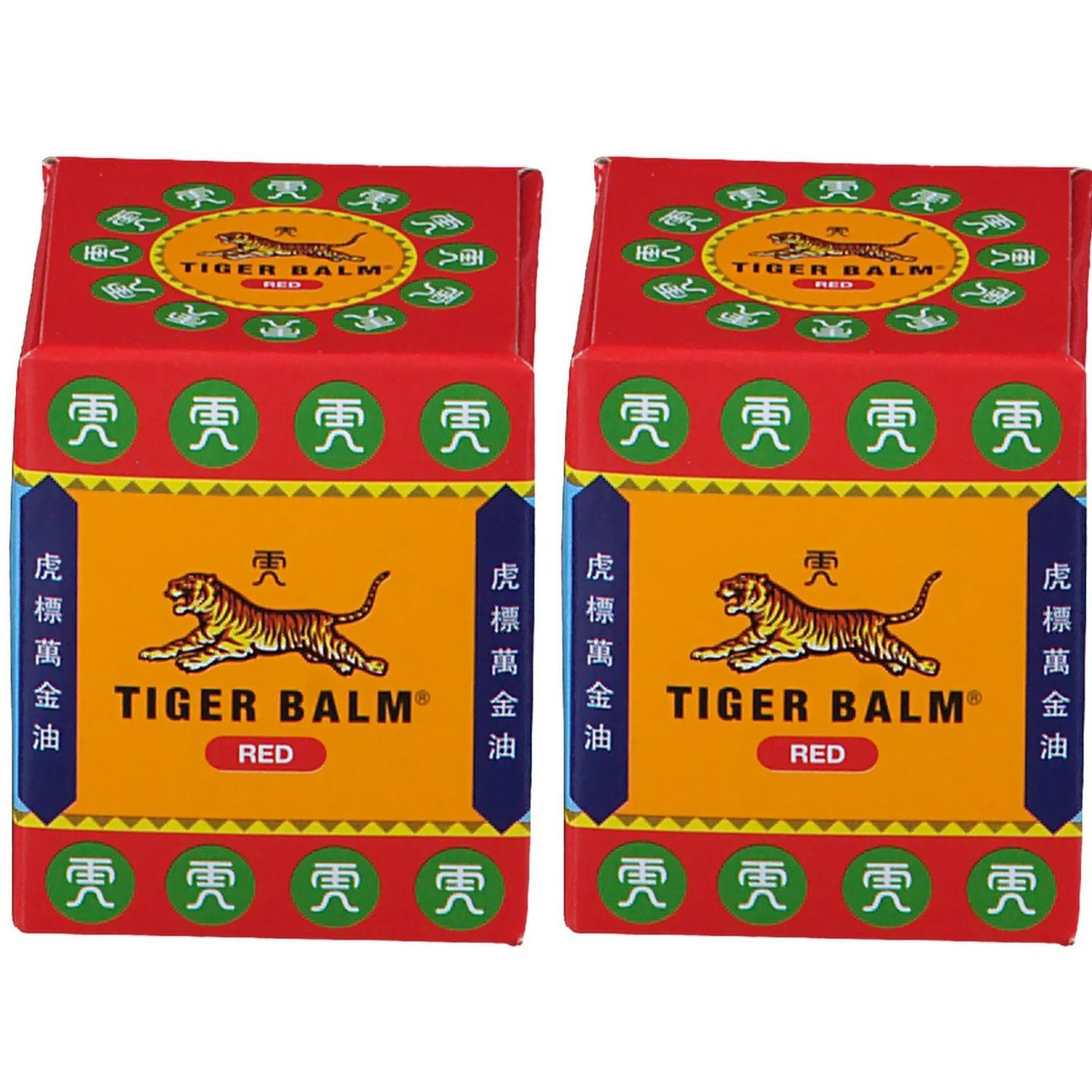 Deux boîtes rouges. Sur chaque boîte, "TIGER BALM RED" et un logo de tigre. Caractères chinois.