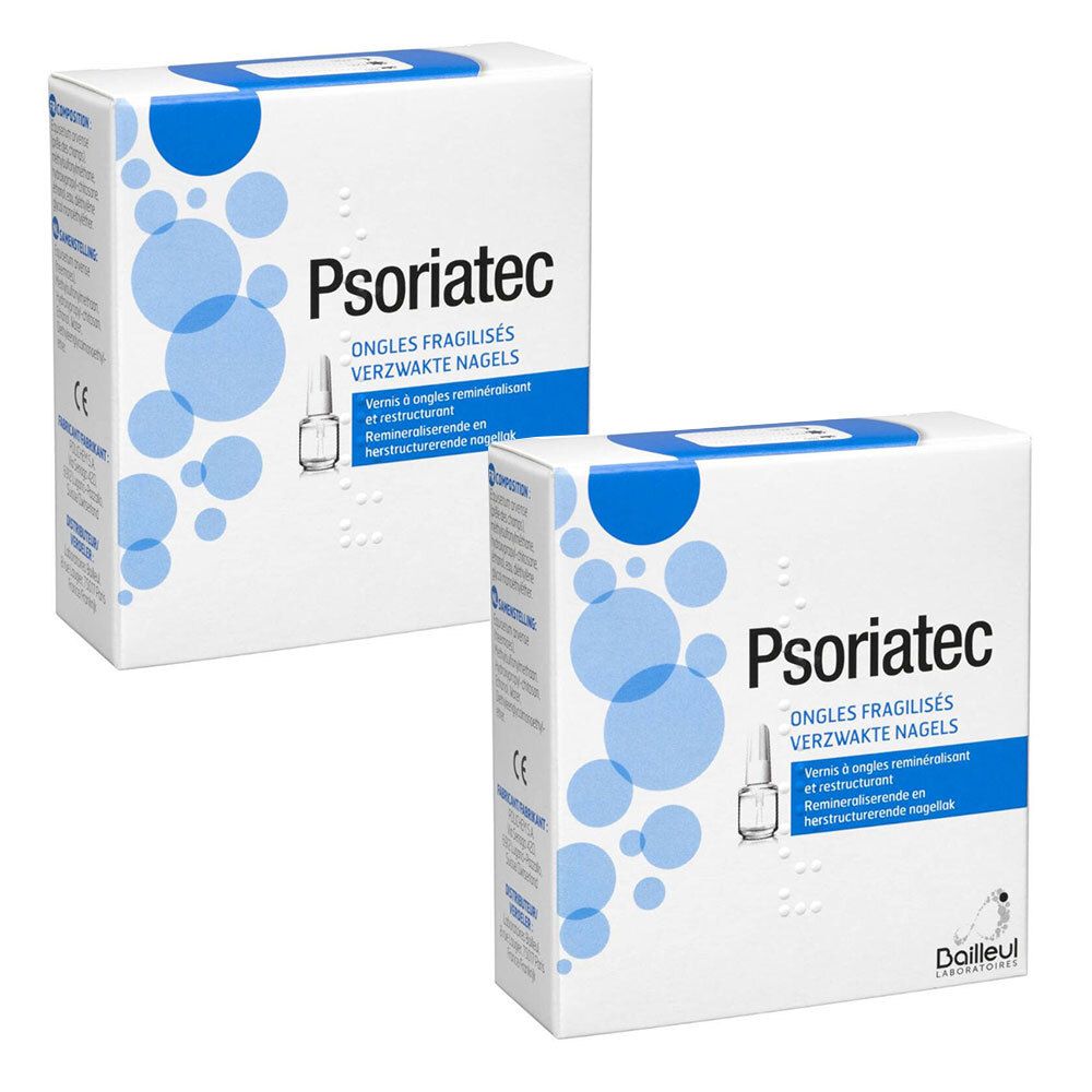 Deux boîtes blanches avec design bleu. Inscription: Psoriatec, Ongles fragilisés, Verzwakte nagels. Illustration d'un flacon.