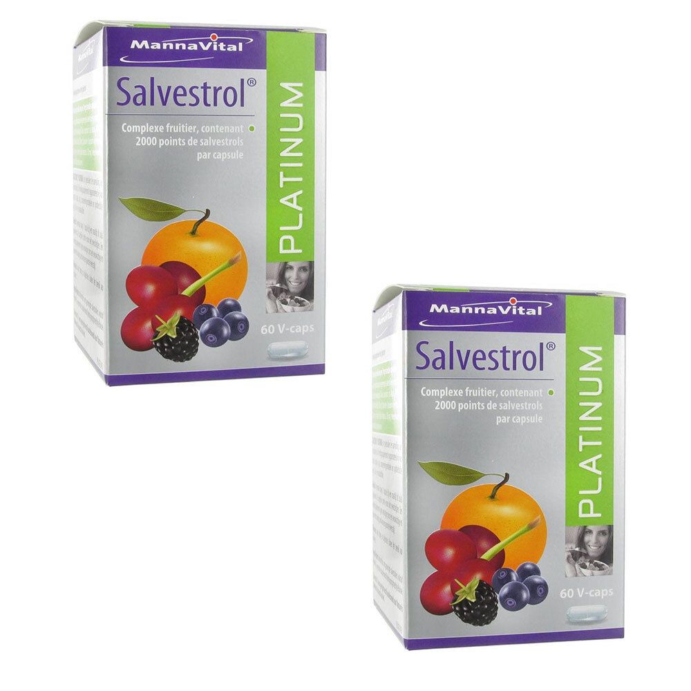 Deux boîtes de Salvestrol Platinum. Inscription: Mannavital, Salvestrol, complexe de fruits, 60 gélules.