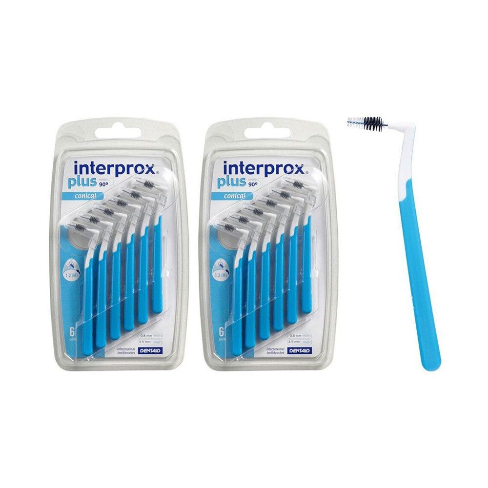 Twee verpakkingen interprox® plus 90° conische borstels. Eén losse borstel ernaast. Blauwe handvatten, transparante verpakking.