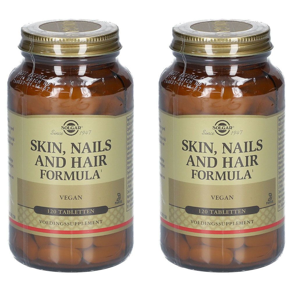 Deux flacons en verre brun avec des couvercles dorés. Inscription : Skin, Nails and Hair Formula, Vegan, 120 comprimés. Marque : Solgar.