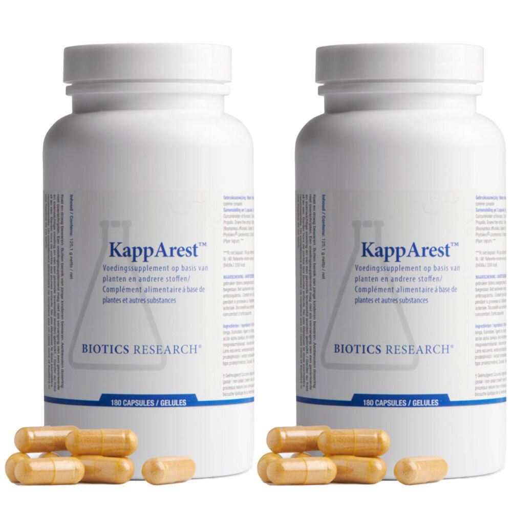 Deux flacons blancs avec KappArest et Biotics Research. Des gélules sont à côté. Inscription : 100 gélules.