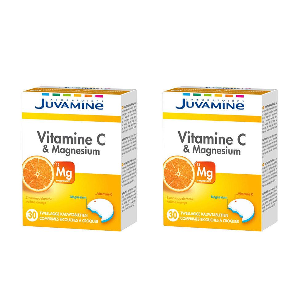 Deux boîtes de JUVAMINE Vitamine C & Magnésium. Impression : orange, Mg, 30 comprimés. Emballage blanc, jaune et orange.
