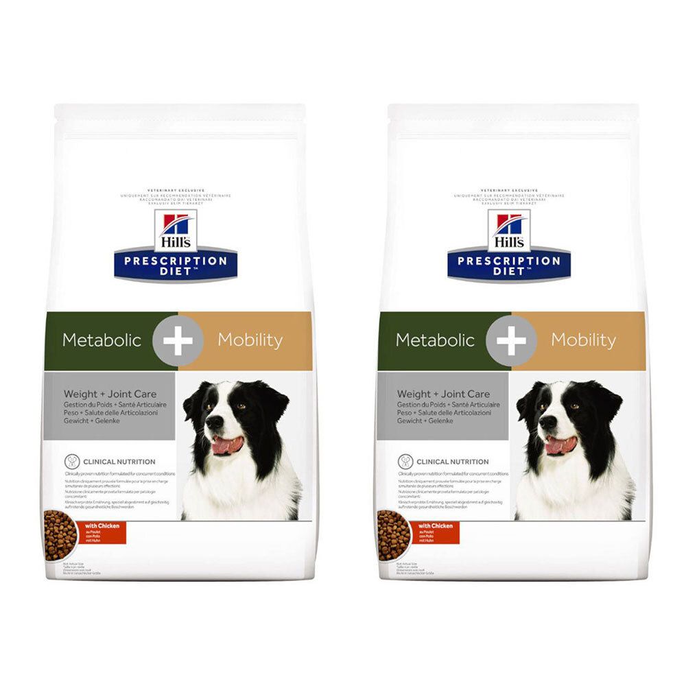 Deux sacs de nourriture pour chiens. Inscription : Hill's Prescription Diet Metabolic + Mobility. Image d'un chien.