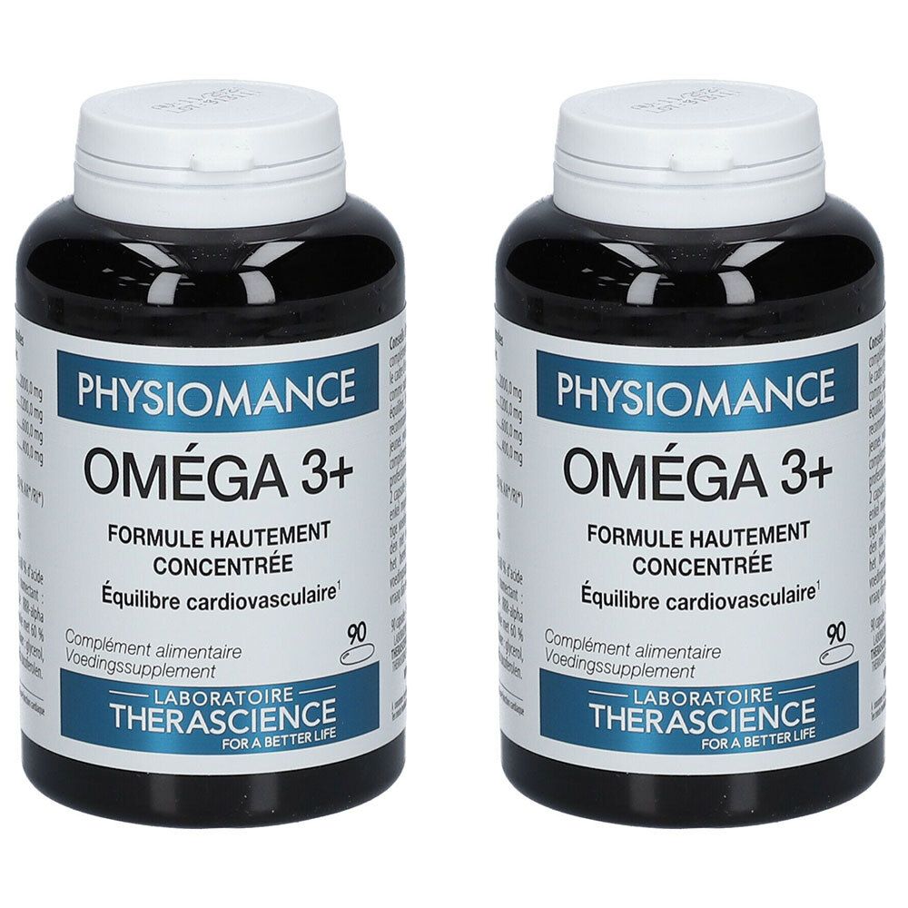 Deux flacons noirs avec bouchons blancs. Étiquette : PHYSIOMANCE OMEGA 3+. Complément alimentaire pour l'équilibre cardiovasculaire. 90 gélules.