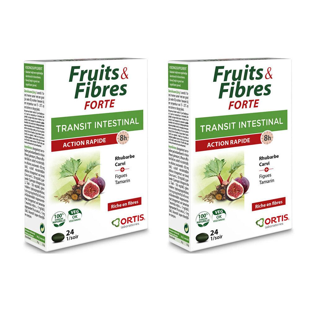 Twee dozen "Fruits & Fibres Forte". Opschrift: Transit intestinal, Action rapide. Illustratie van vijgen en rabarber.