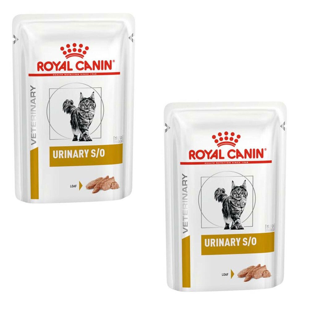 Deux sachets ROYAL CANIN Urinary S/O Loaf. Emballage blanc avec logo, chat et nom du produit.