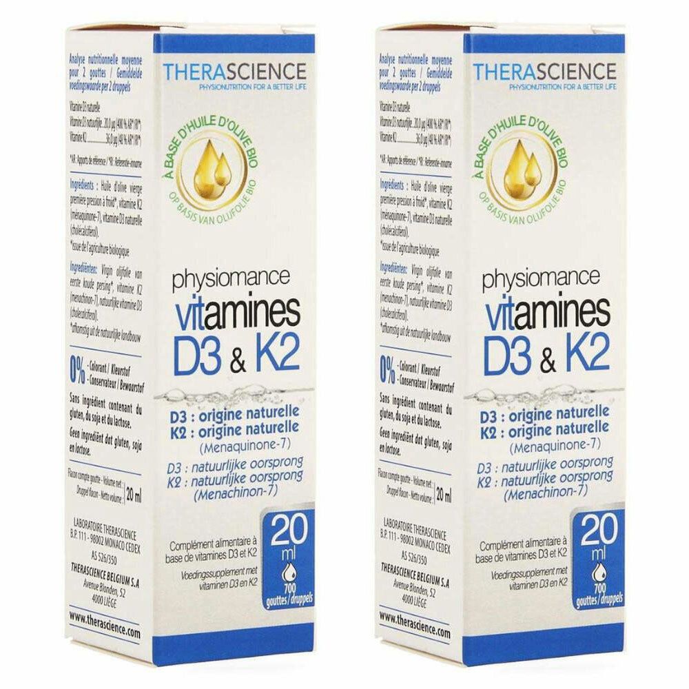 Deux boîtes de PHYSIOMANCE Vitamines D3 & K2. Emballage blanc avec nom et logo du produit. Flacons de 20 ml.