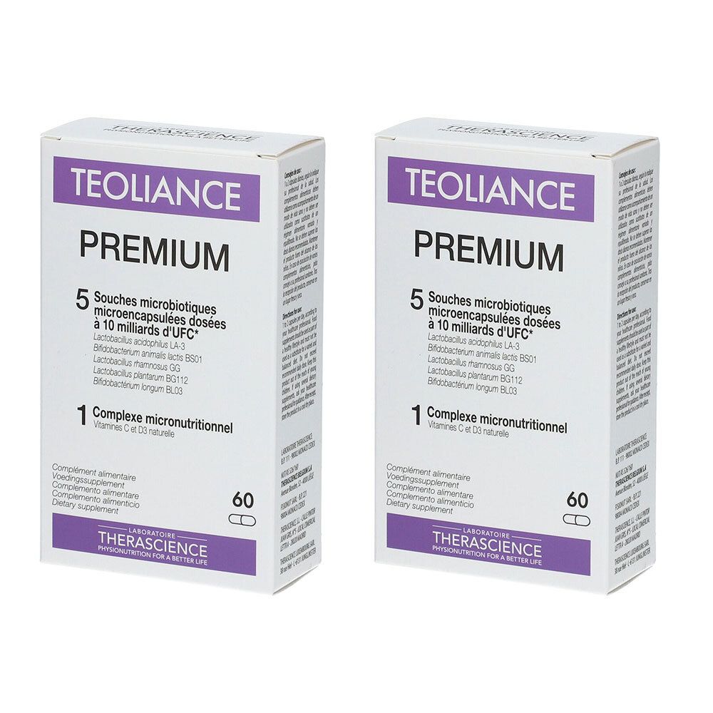 Twee witte dozen met paarse accenten. Opschrift: TEOLIANCE PREMIUM, 5 stammen, 10 miljard UFC, 1 micronutritioneel complex. 60 capsules.