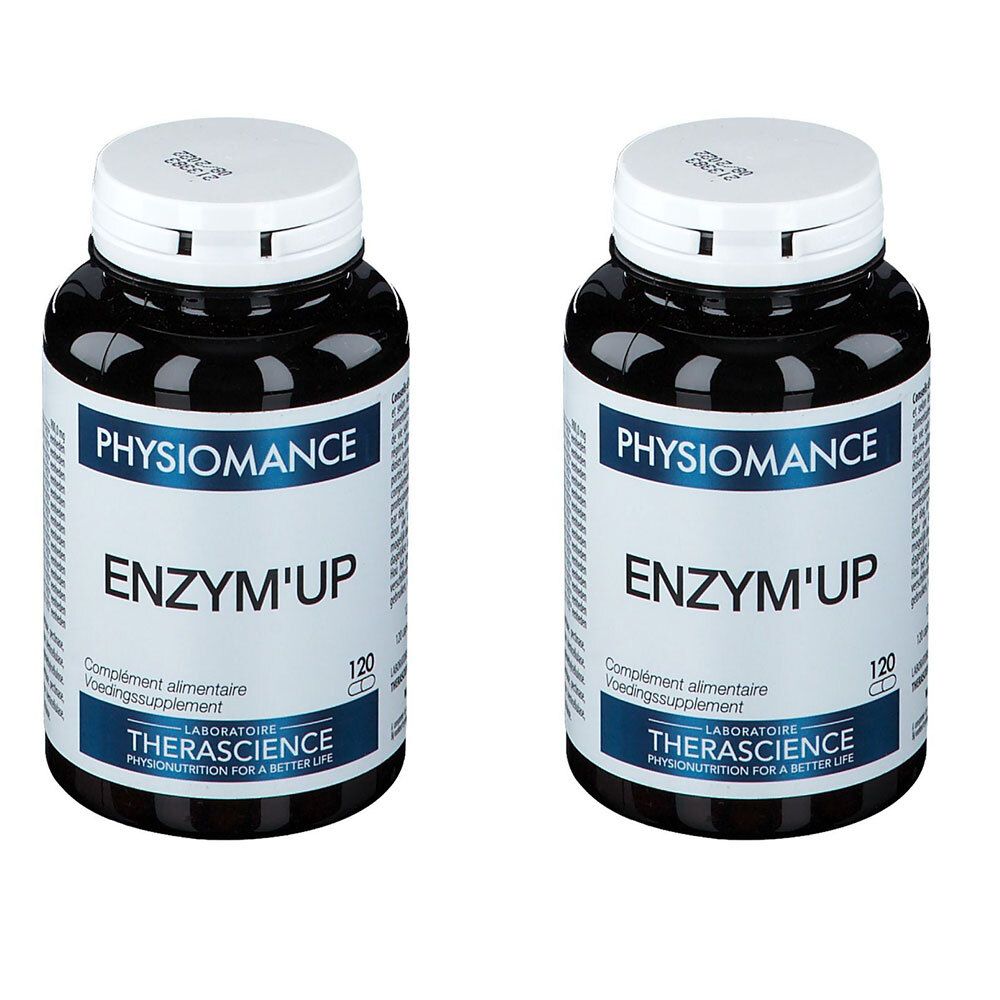 Deux flacons noirs avec bouchons blancs. Étiquette : "PHYSIOMANCE ENZYM'UP". Contient 120 gélules. Laboratoire Therascience.
