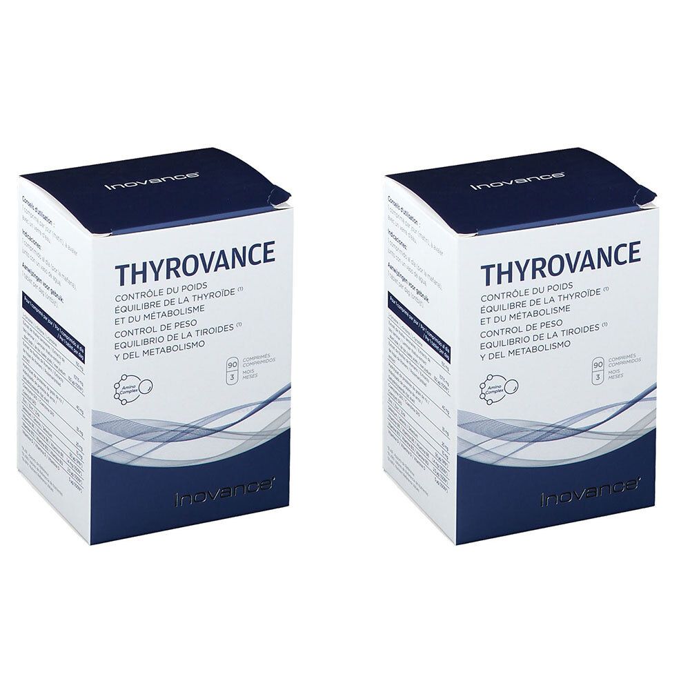 Twee dozen Thyrovance. Witte verpakking met blauw deksel en tekst. Bevat informatie over de schildklier en de stofwisseling.