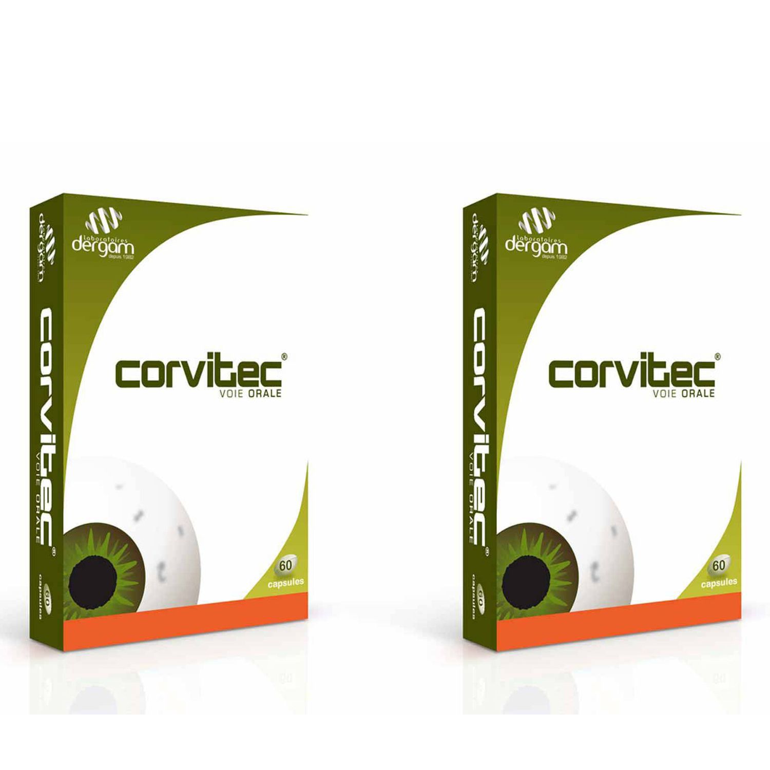 Deux boîtes de Corvitec. Le logo Dergam est visible sur chaque boîte. La mention "voie orale" est présente sur l'emballage.
