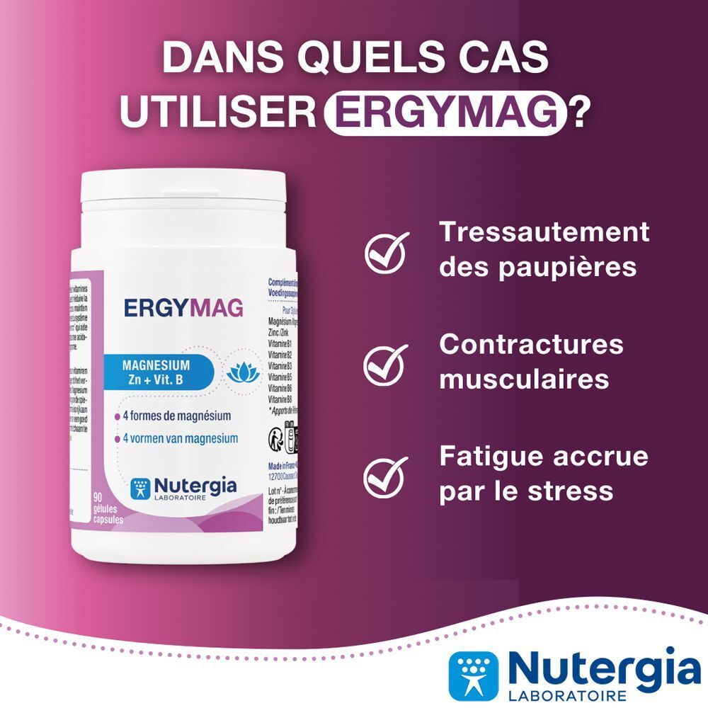 Ergymag Nutergia : 3 gélules avec un verre d'eau apportent 300 mg de magnésium, 80% des apports recommandés.