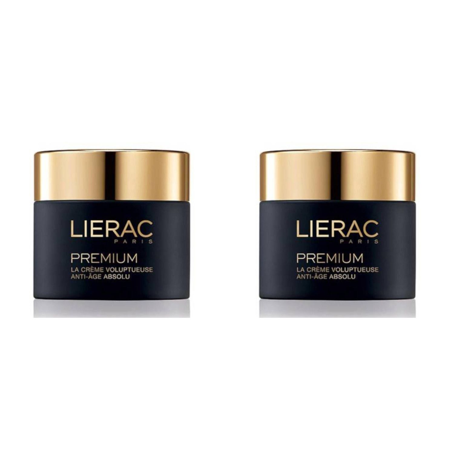 Deux pots de crème Lierac Premium La Crème voluptueuse. Pots noirs avec couvercles dorés. Inscription : Lierac, Premium, Anti-Age Absolu.