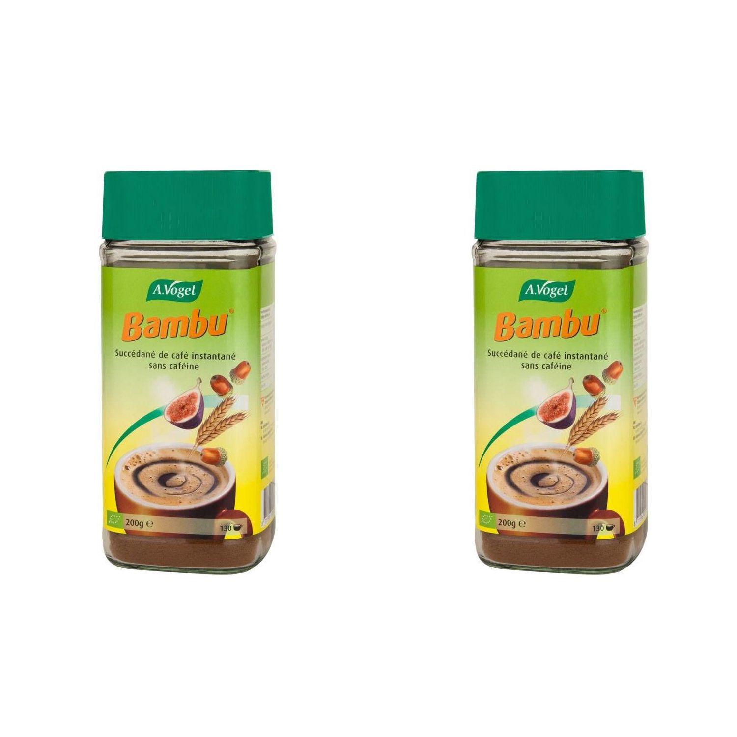 Twee potten A. Vogel Bambu cafeïnevrije koffie. Groene deksels, geelgroene etiketten met productnaam en illustraties.