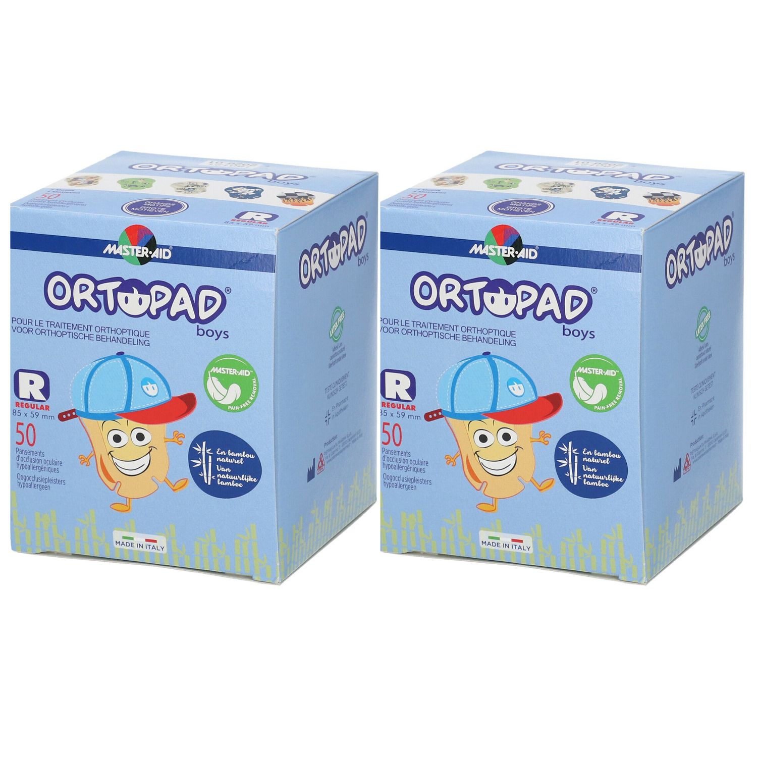 Deux boîtes bleues. Inscription: ORTOPAD boys, 50 pièces, 85 x 59 mm. Avec personnage de dessin animé et symbole de bambou.