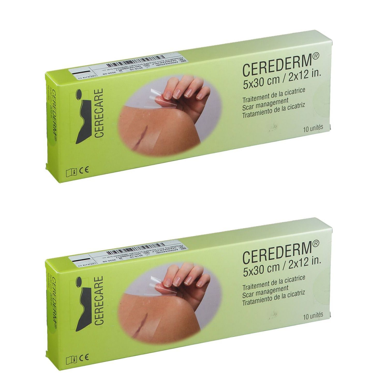 Twee dozen CEREDERM®, 5x30 cm. Littekenbehandeling. Groen-witte verpakking. 10 stuks.