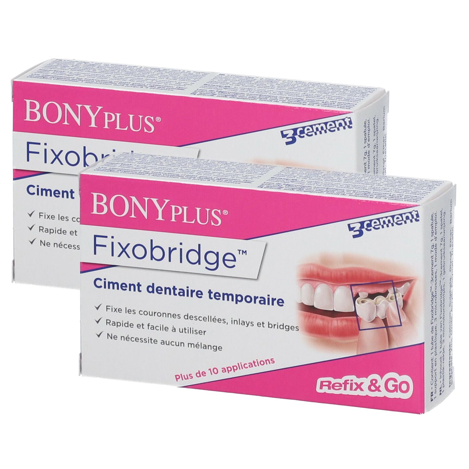 Twee dozen met de tekst BONYPLUS Fixobridge. Opschrift: Ciment dentaire temporaire. Illustratie van een mond met tanden.