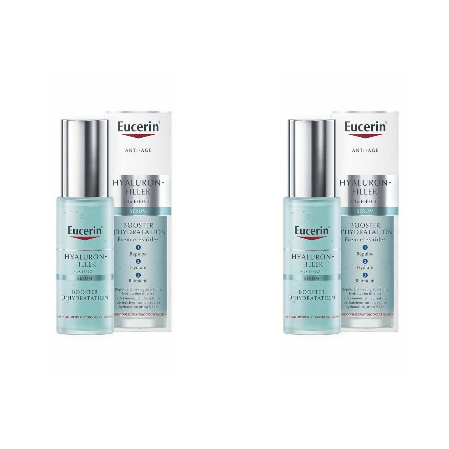 Twee flessen Eucerin® HYALURON-FILLER + 3x EFFECT Sérum Booster d'Hydratation met verpakking. Flessen met blauw serum en zilveren dop.