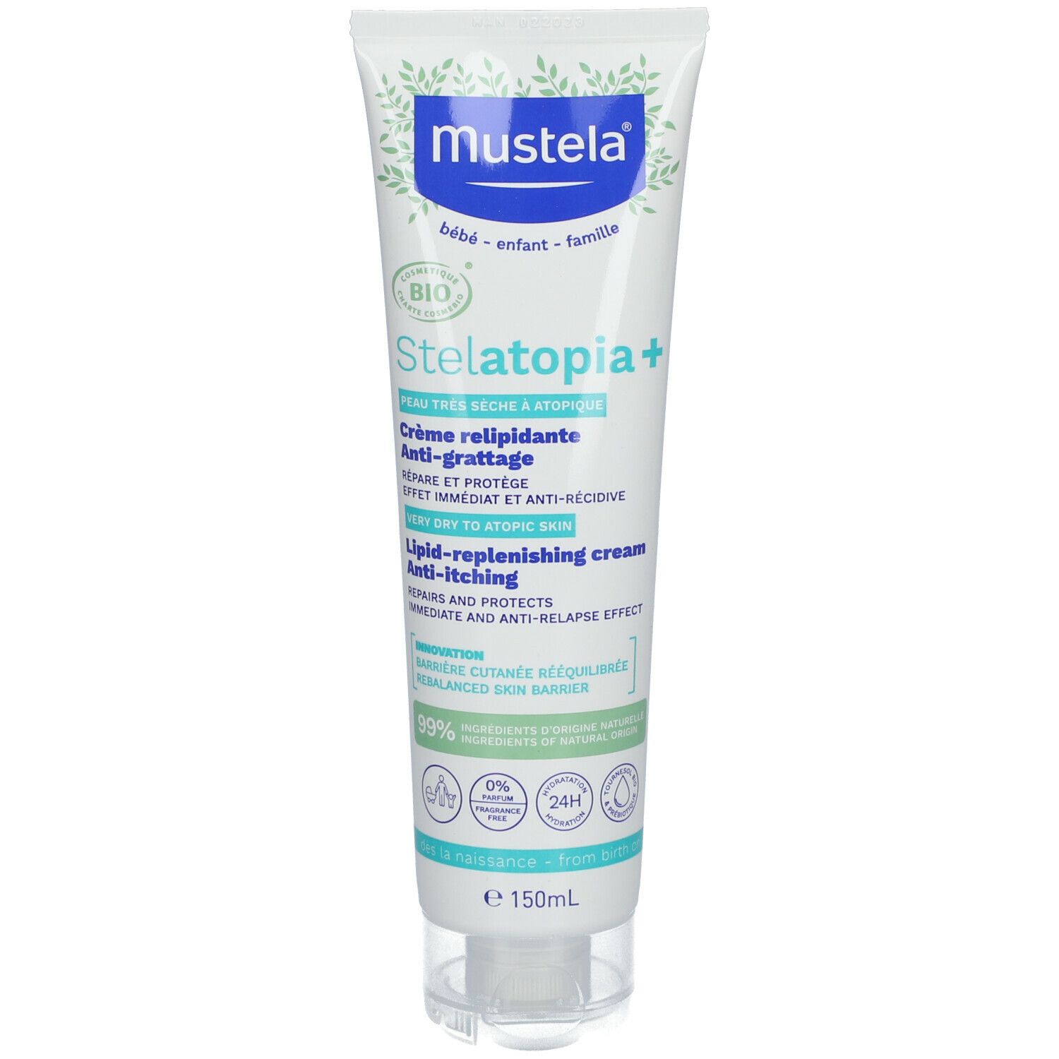 Crèmetube met productnaam en logo. BIO-gecertificeerd. Anti-jeukcrème voor atopische huid.