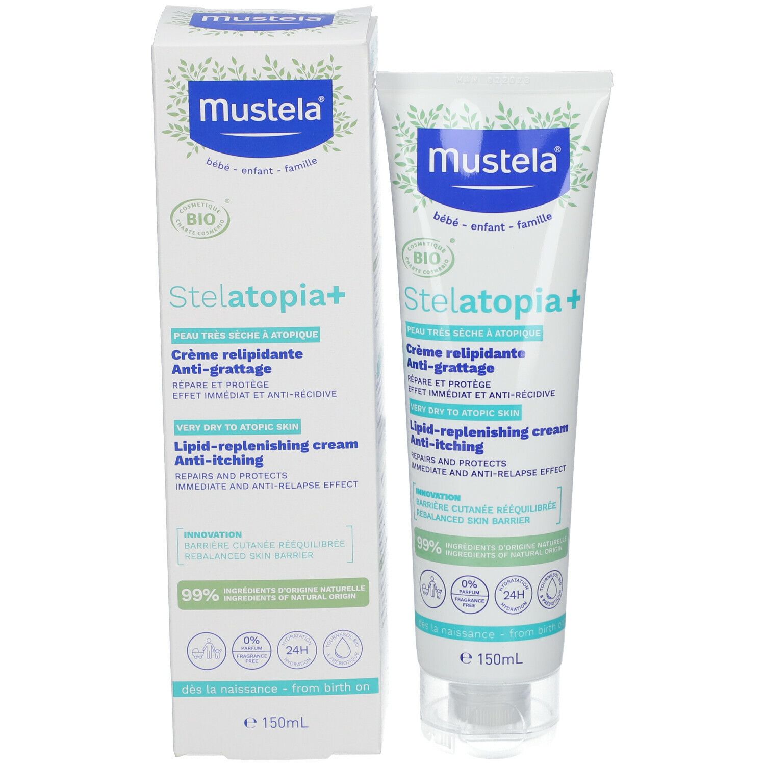 Productverpakking met tube en doos. Logo en productnaam. BIO-gecertificeerd. Anti-jeukcrème.