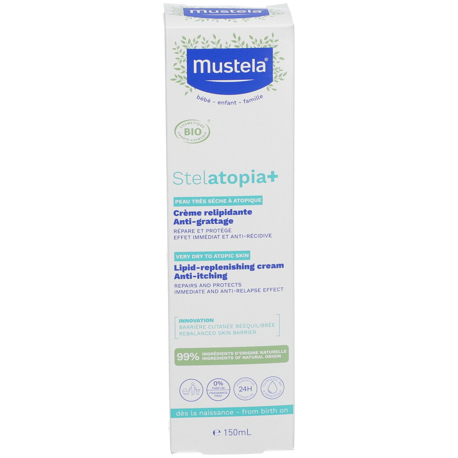 Kartonnen verpakking met productnaam en logo. BIO-gecertificeerd. Anti-jeukcrème voor atopische huid.