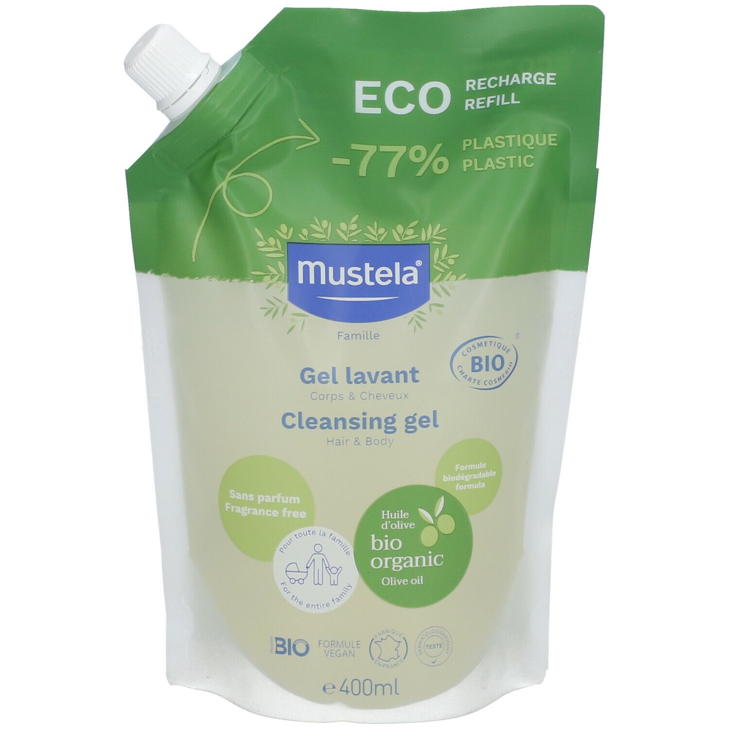 Mustela navulverpakking, reinigingsgel voor lichaam & haar, BIO-gecertificeerd. Groen-witte verpakking, witte dop. Opschrift: Eco-Recharge, -77% plastic.