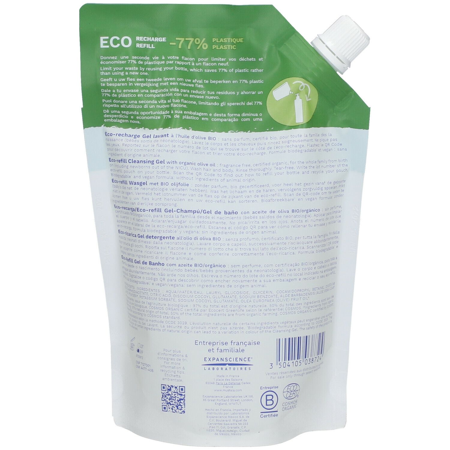 Achterkant van de Mustela navulverpakking. Meertalige tekst. BIO-certificering. Streepjescode. Fabrikant informatie.