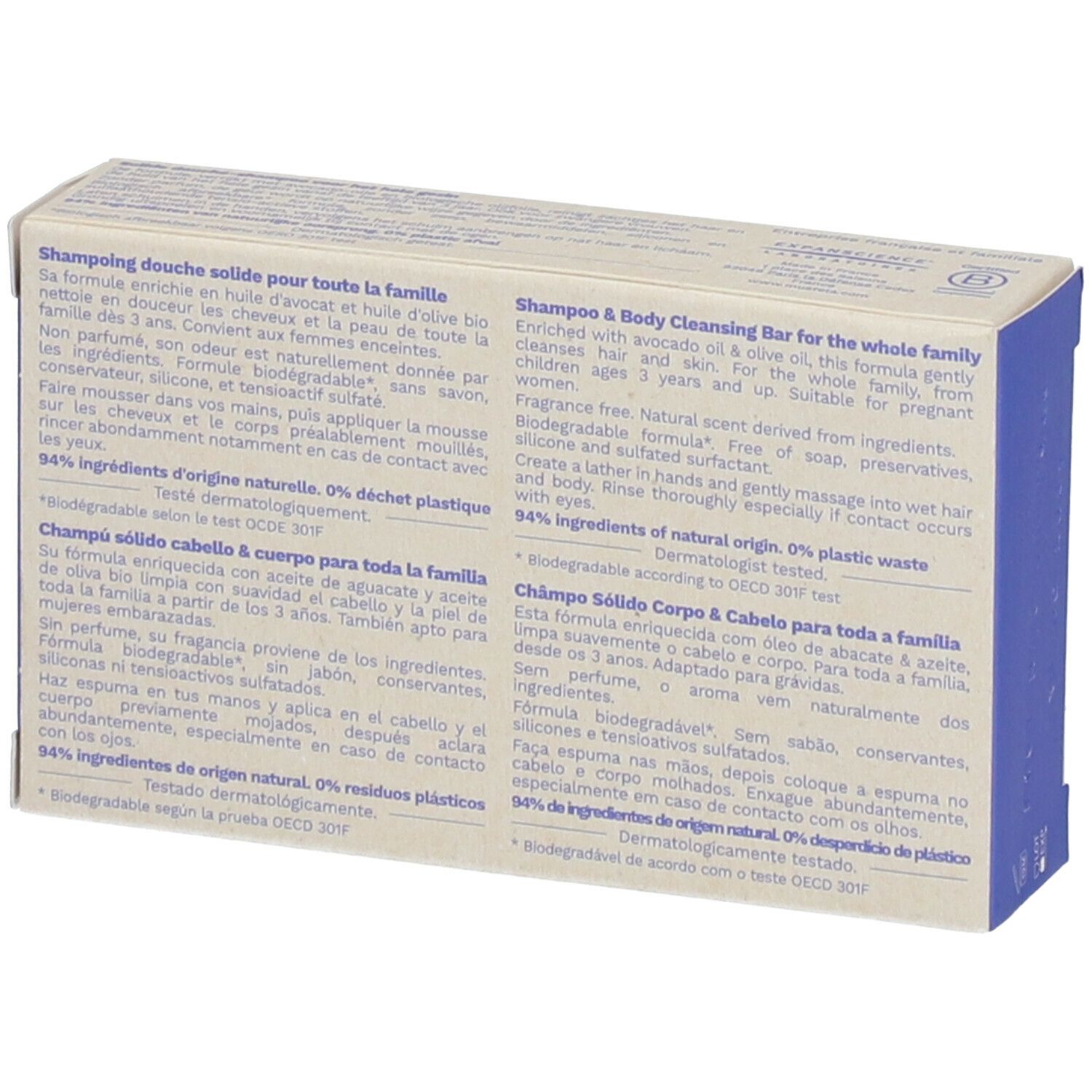 Achterkant van de kartonnen verpakking. Tekst in meerdere talen. Bevat informatie over ingrediënten en certificeringen.