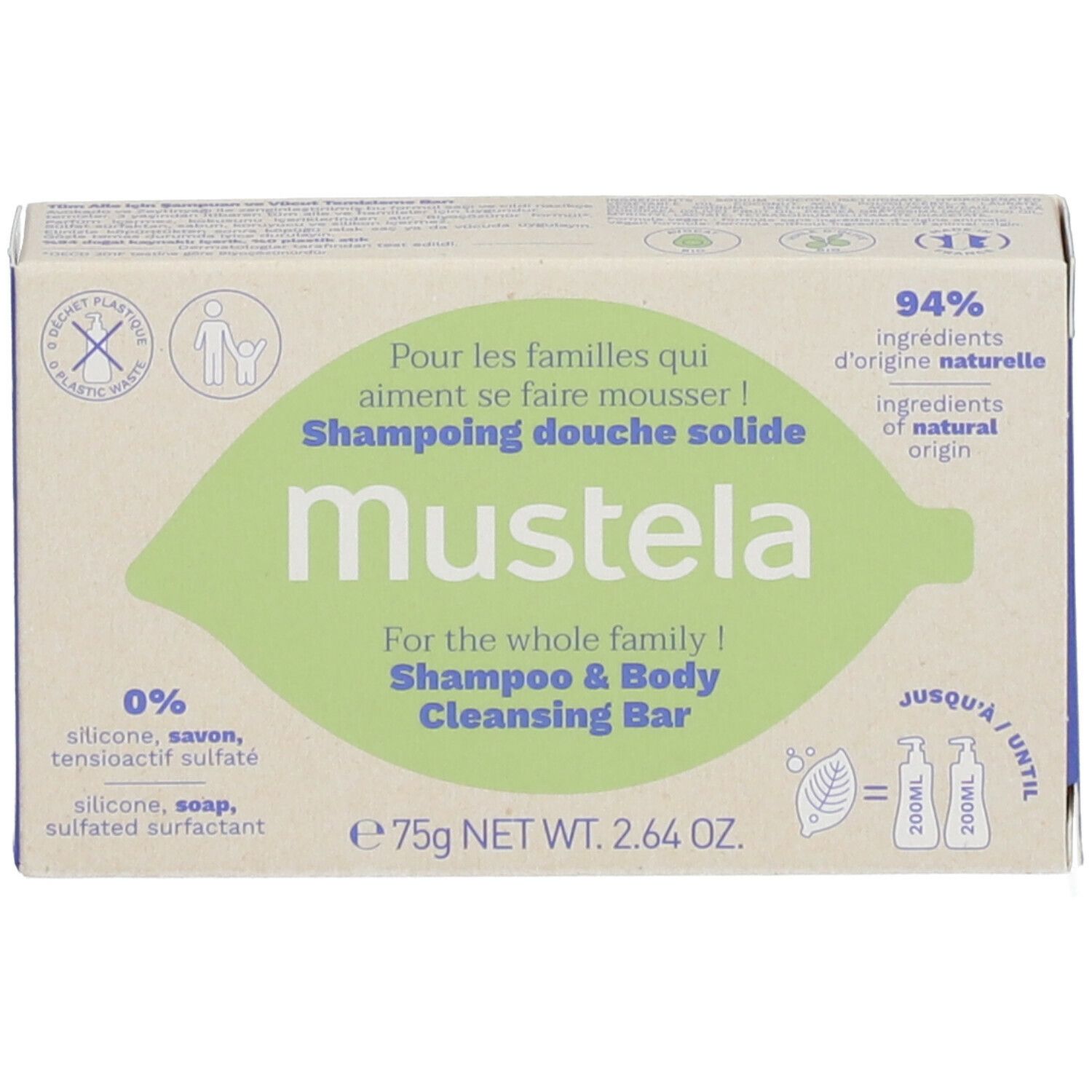 Kartonnen verpakking met productnaam en logo. Bevat 75g. 94% ingrediënten van natuurlijke oorsprong. Vrij van siliconen, zeep en sulfaten.