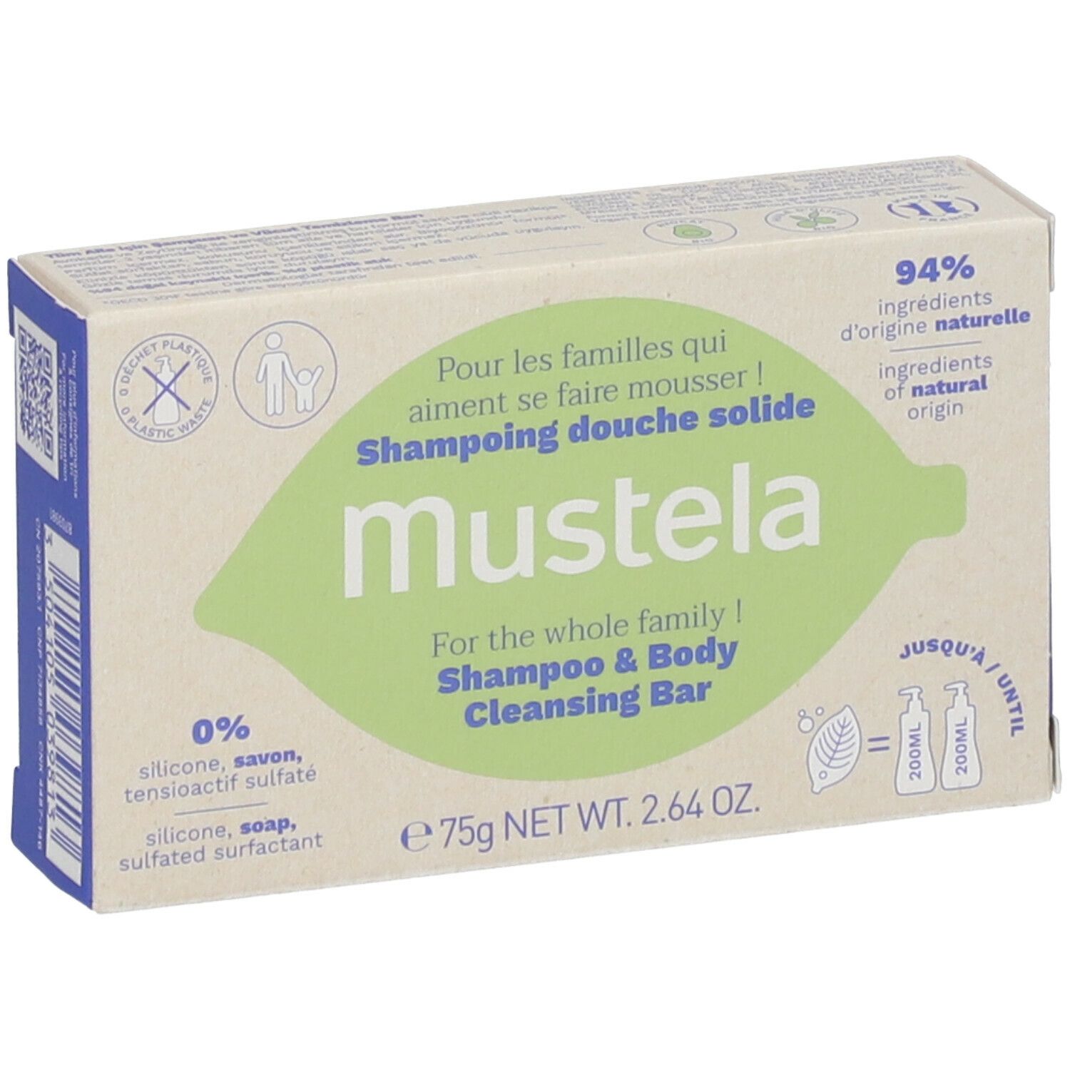 Kartonnen verpakking met productnaam en logo. Bevat 75g. 94% ingrediënten van natuurlijke oorsprong. Vrij van siliconen, zeep en sulfaten.