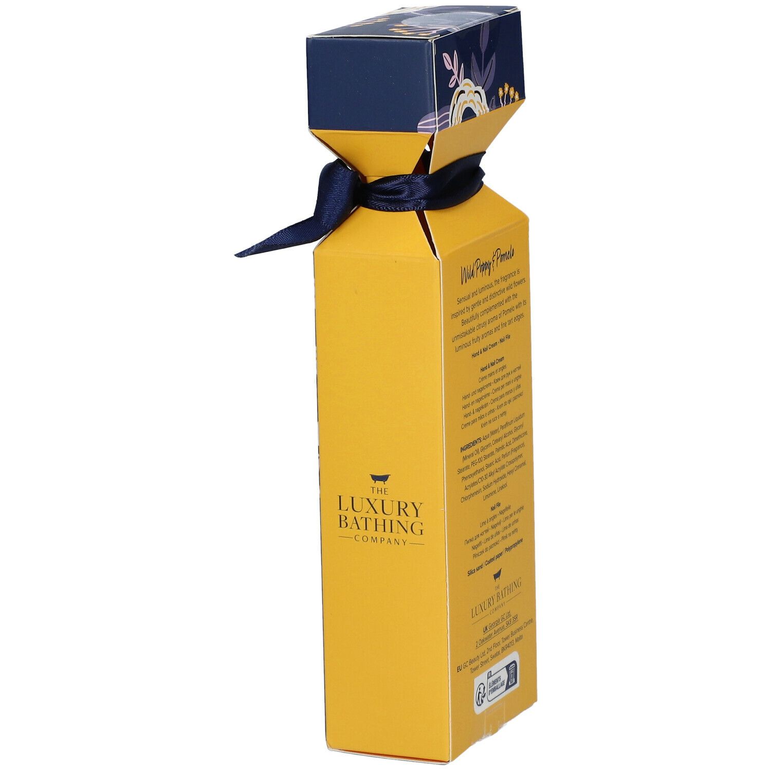Geschenkverpakking, geel en blauw. Opdruk: The Luxury Bathing Company. Tekst: Wild Poppy & Pomelo. Met strik.