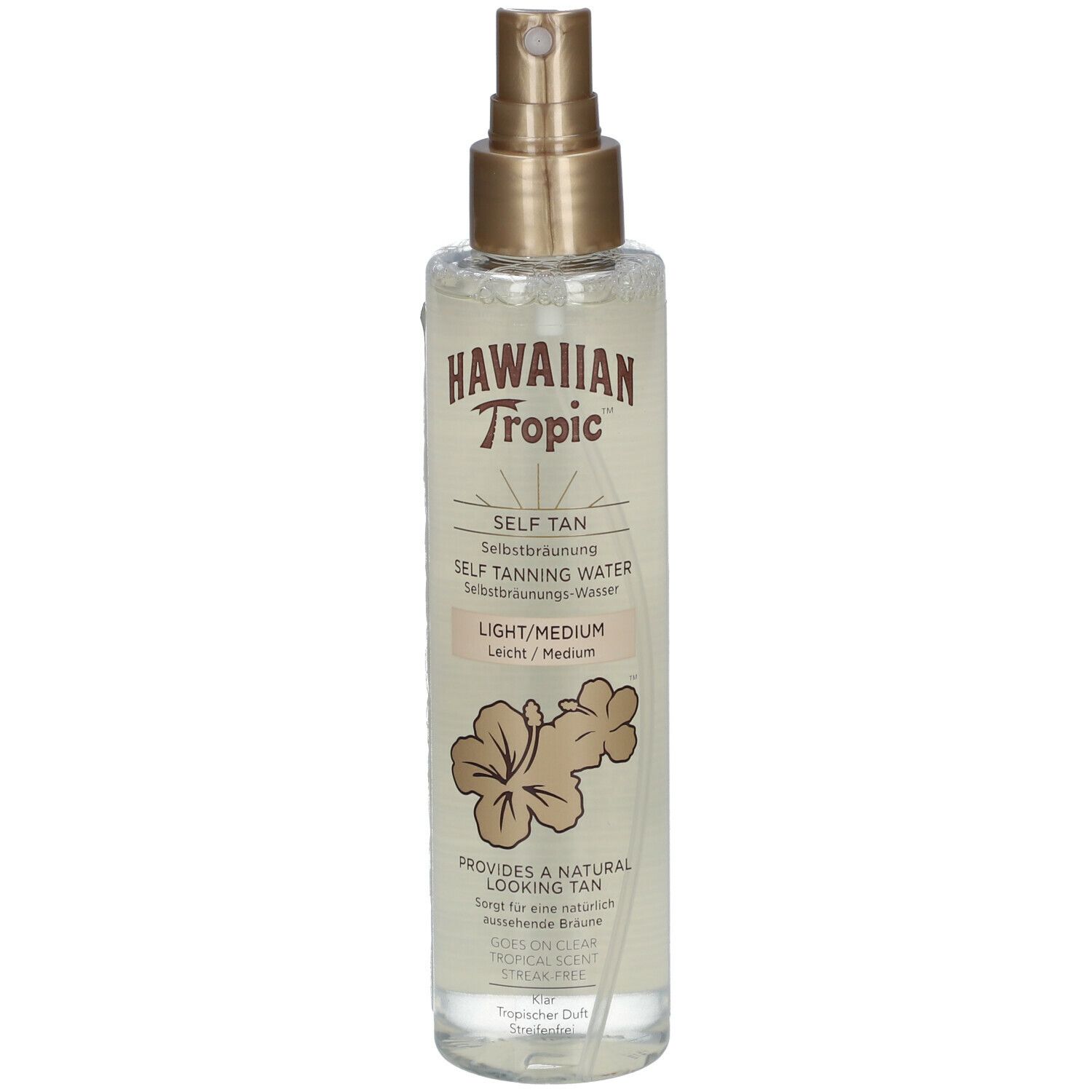 Spray d'eau autobronzante Hawaiian Tropic. Bouteille transparente avec vaporisateur doré. Inscription: Hawaiian Tropic, Self Tan.