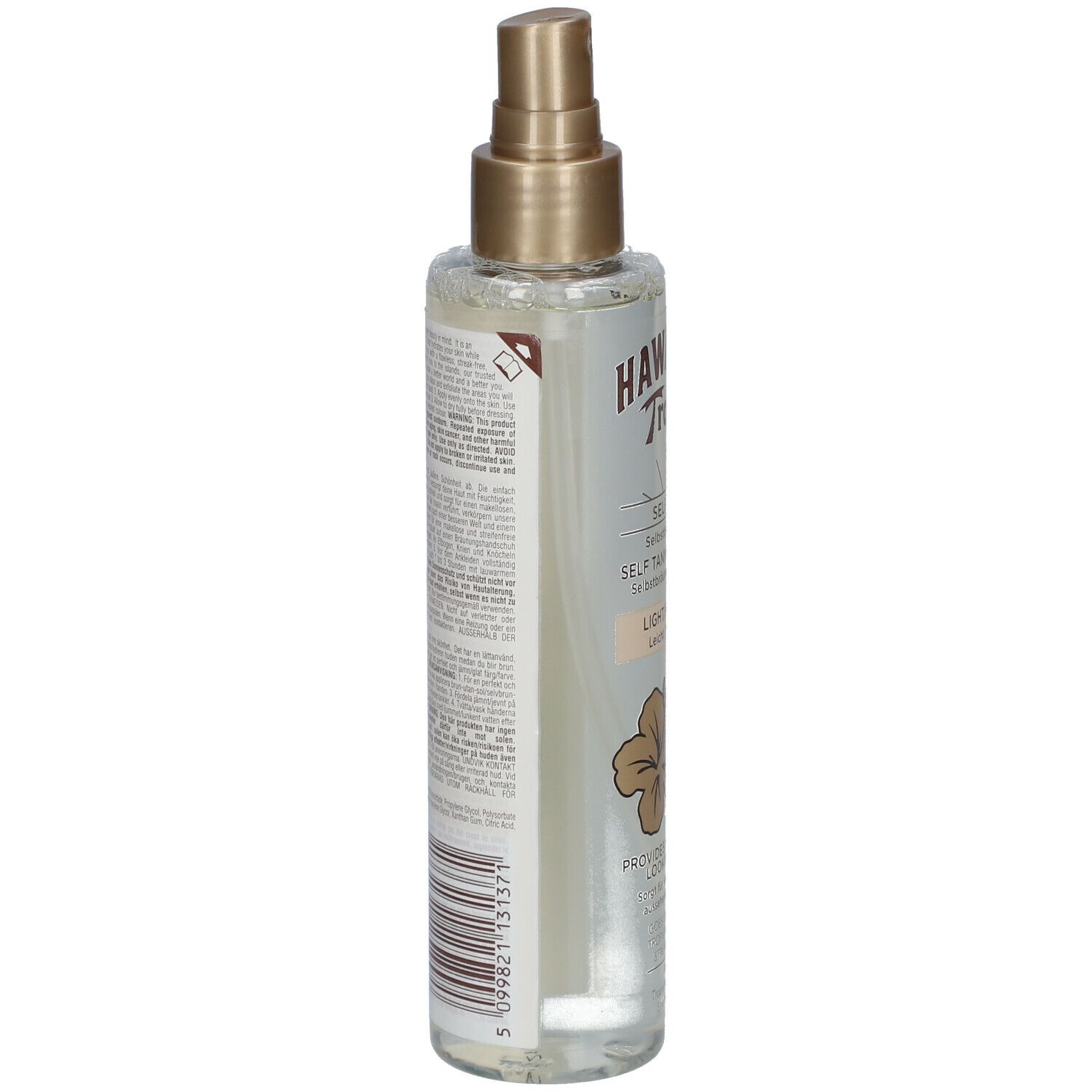 Vue arrière du flacon de spray autobronzant Hawaiian Tropic. Étiquette avec texte et code-barres. Vaporisateur doré.