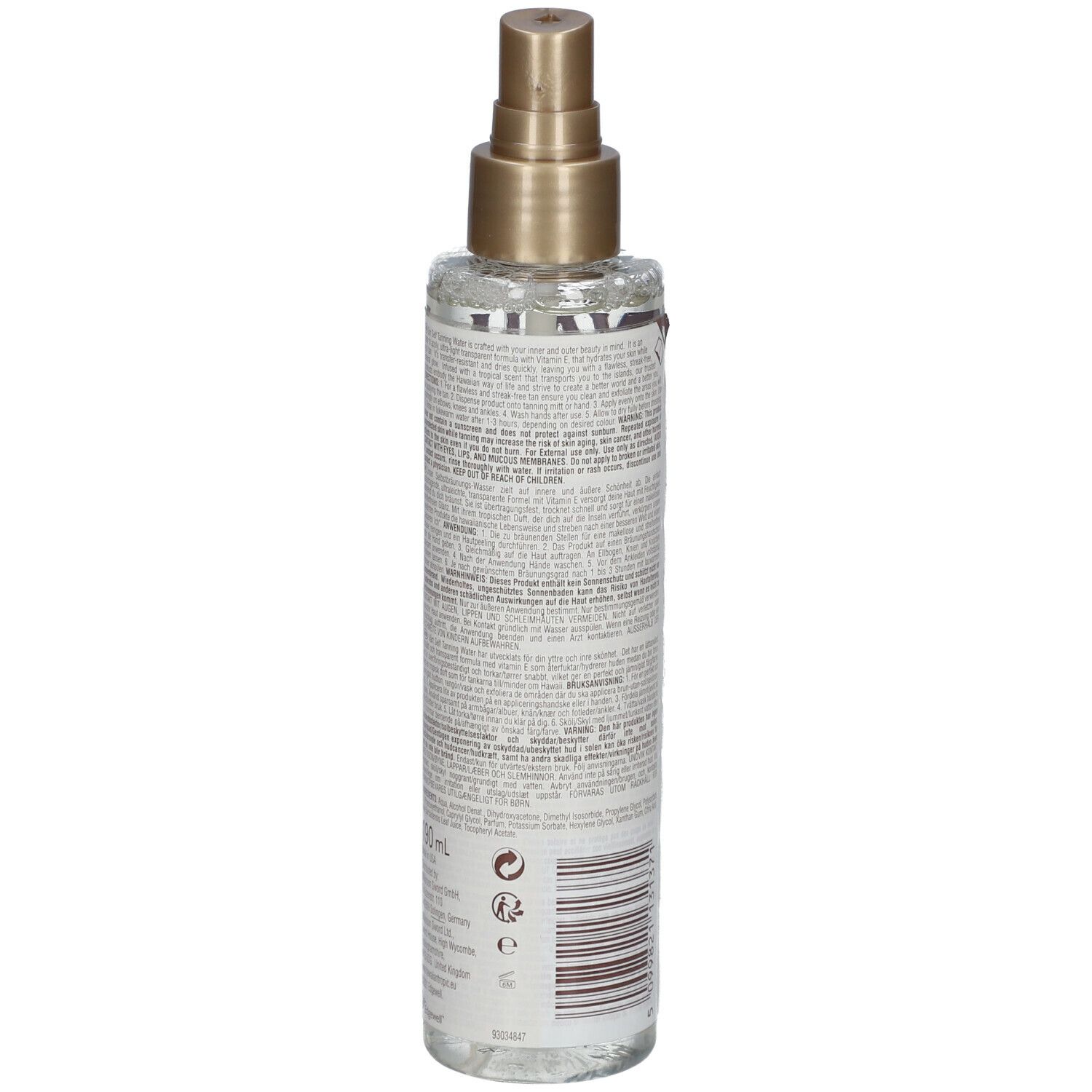 Vue arrière du flacon de spray autobronzant Hawaiian Tropic. Étiquette avec texte et code-barres. Vaporisateur doré.
