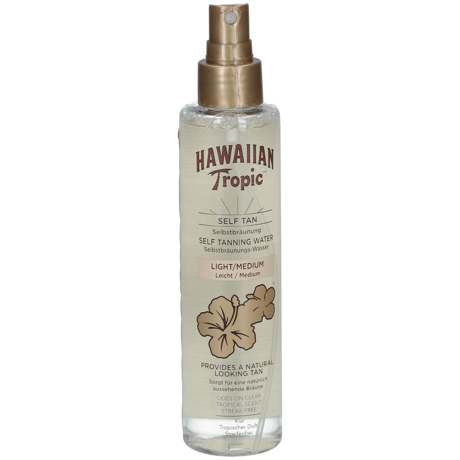Spray autobronzant Hawaiian Tropic. Bouteille transparente avec vaporisateur doré. Inscription: Hawaiian Tropic, Self Tan.