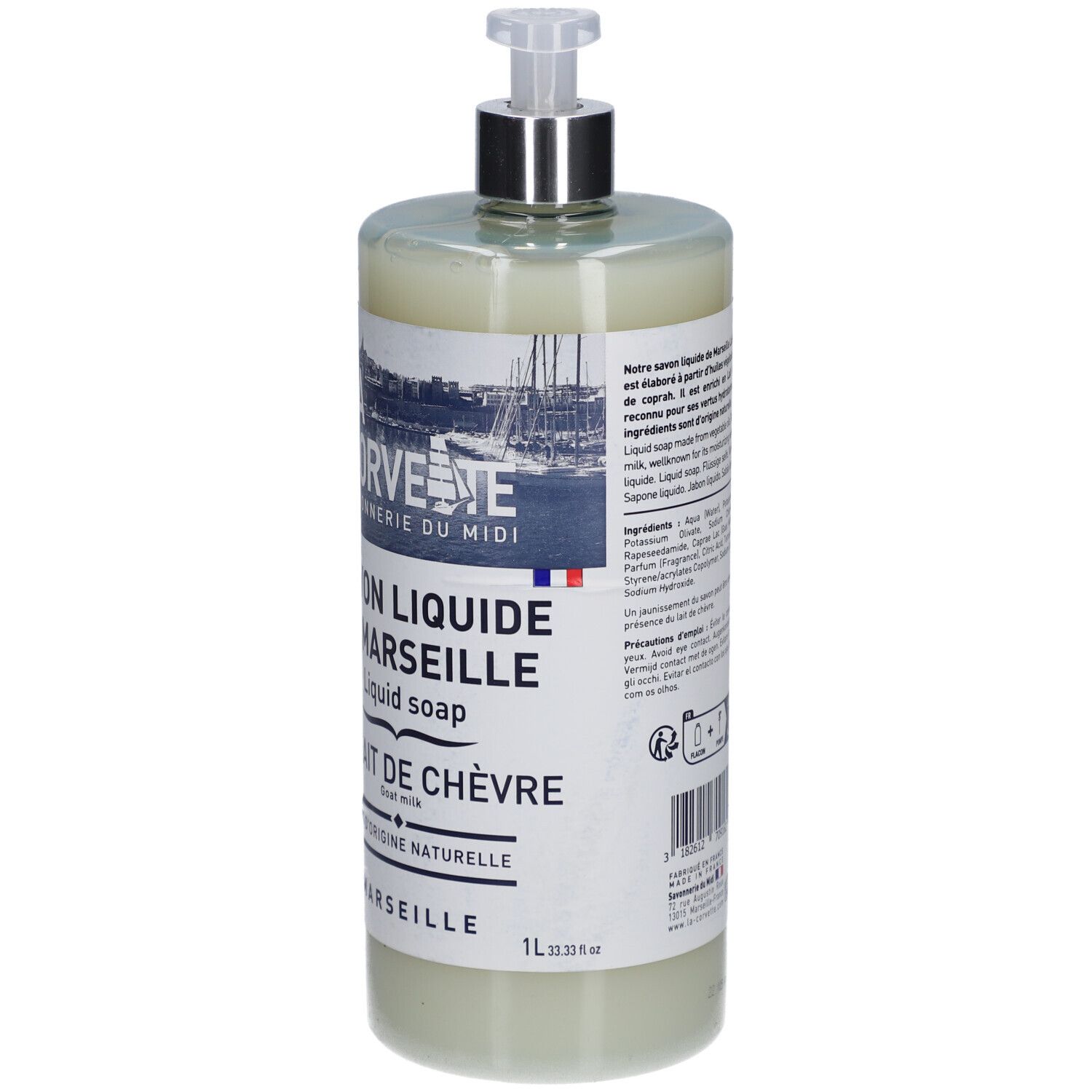 Flacon de savon liquide avec texte: Savon Liquide de Marseille, Au Lait de Chèvre. Avec drapeau français.