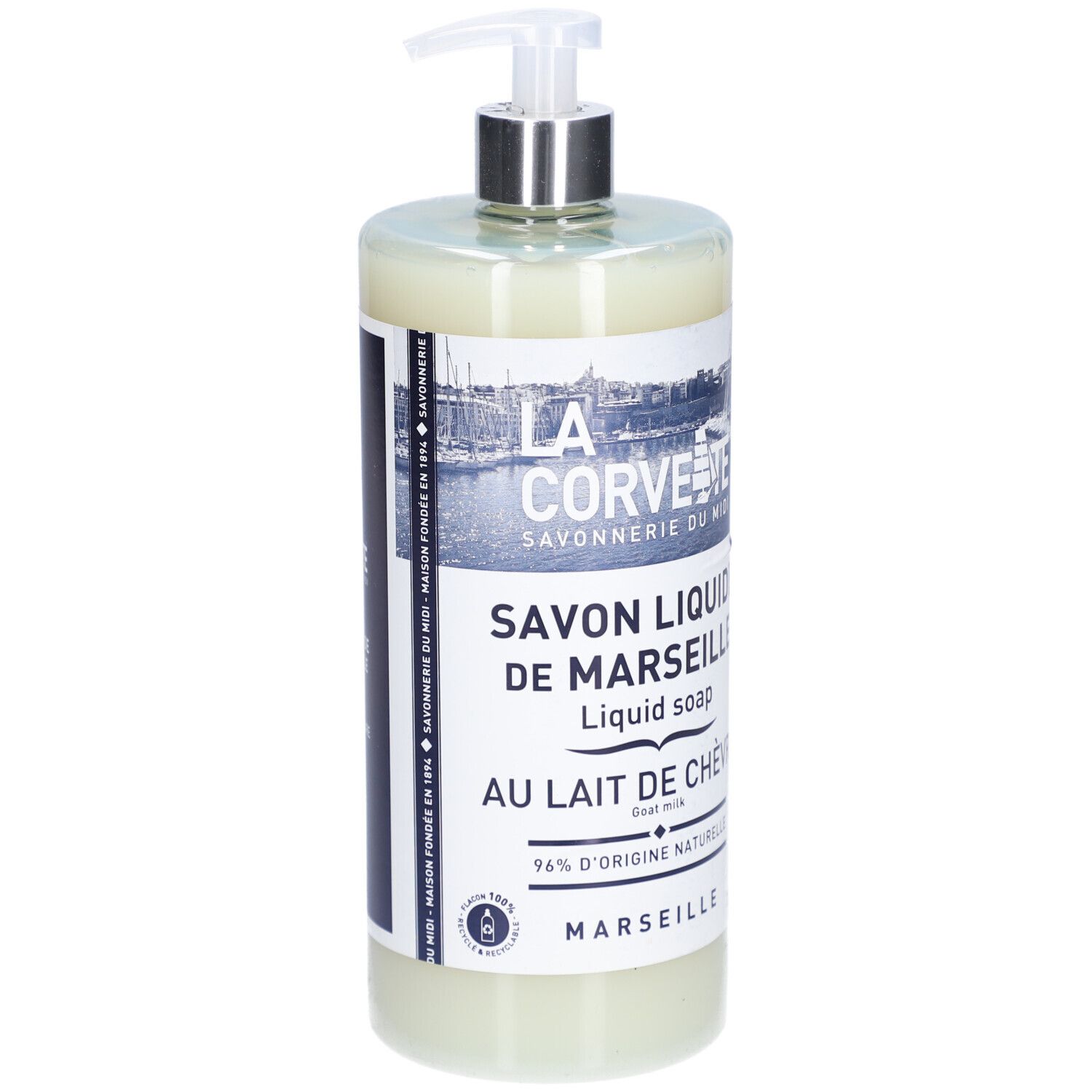 Flacon de savon liquide avec pompe. Inscription: Savon Liquide de Marseille, Au Lait de Chèvre.