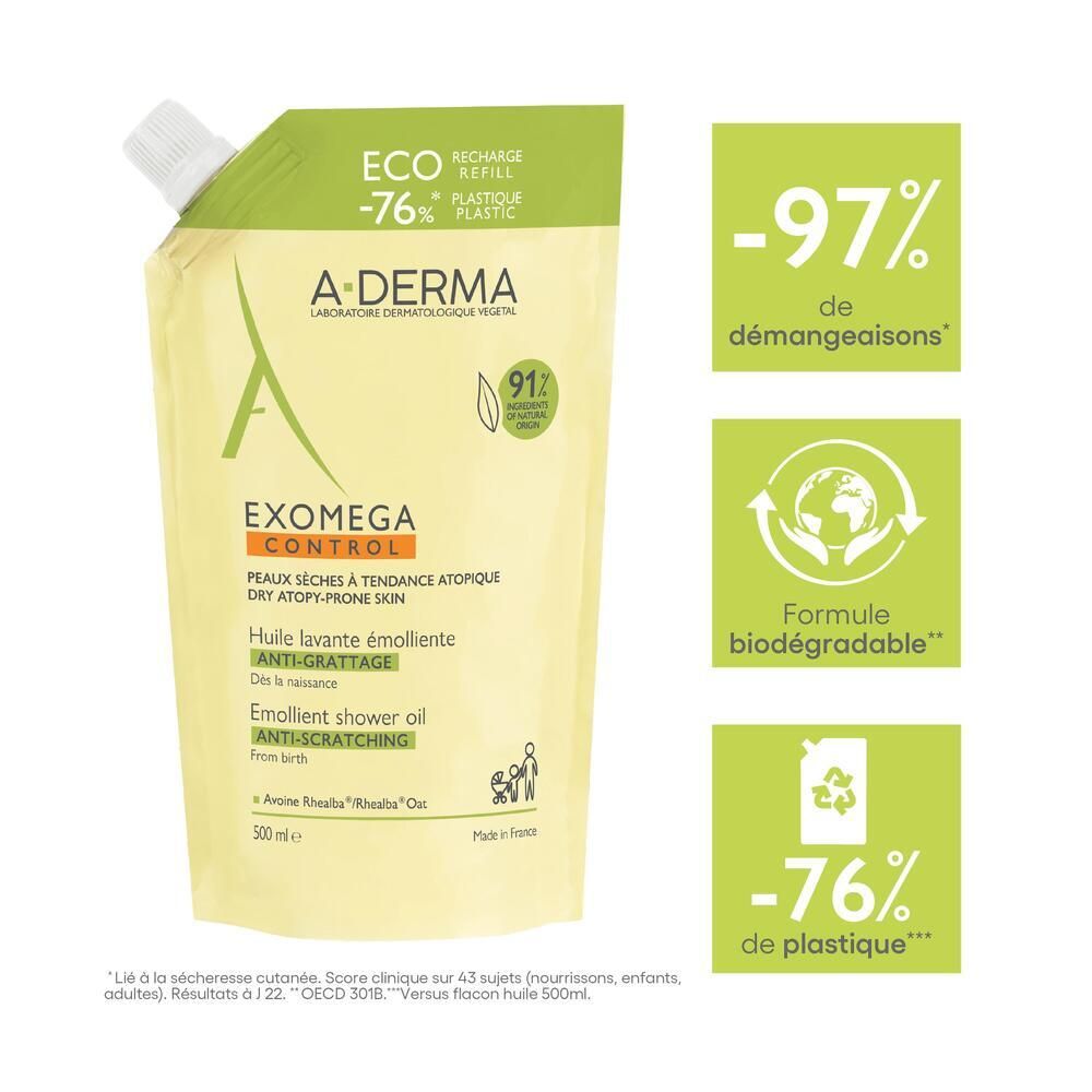 A-DERMA EXOMEGA CONTROL huile lavante émolliente anti-grattage - écorecharge de 500 ml